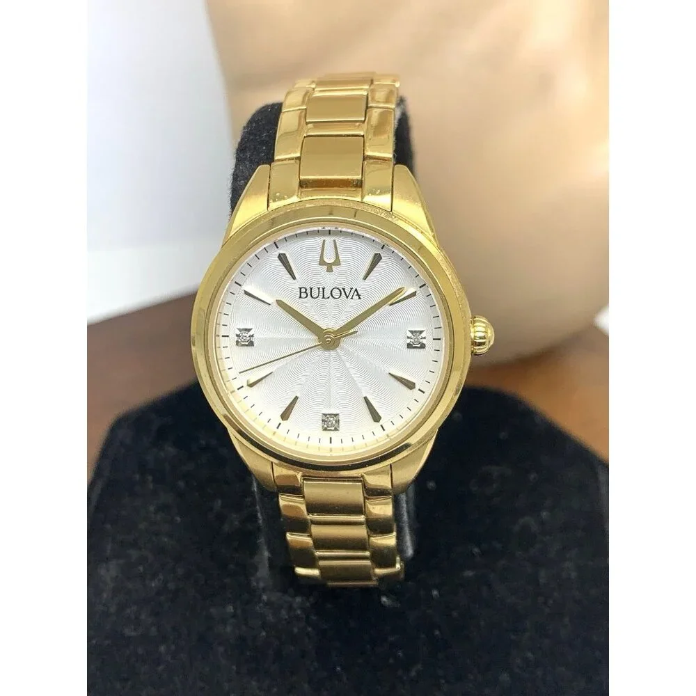 Bulova Women's Watch 97P150 Quartz Diamond Silver Dial Gold Stainless Steel 28mm
